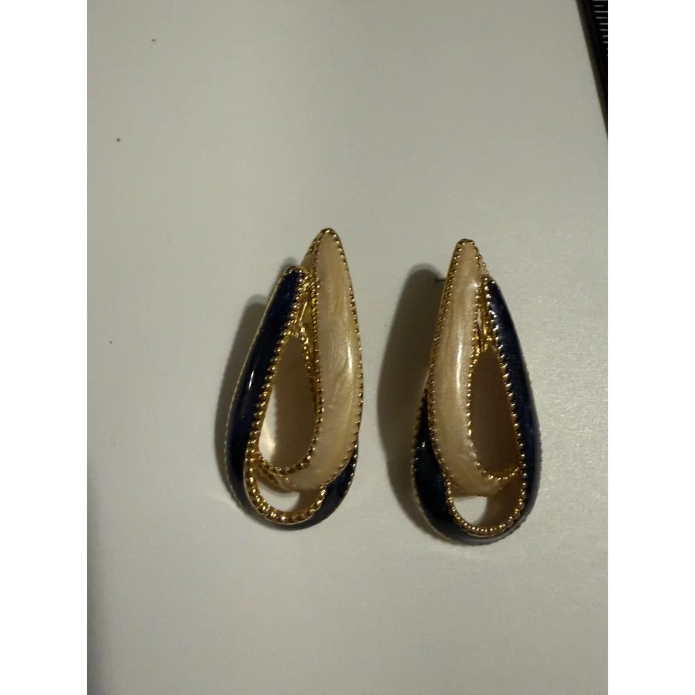Vintage Navy Blue Cream Enamel Gold Tone Double Teardrop Dangle Post Earrings